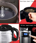 Brews Up To 15 Cups Coffee Maker With Timer And Auto Off, Stainless Steel Black, close-up of removable filter basket and controls.