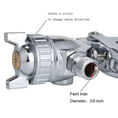 R77P Paint Sprayer Pressure Feed High Efficiency Workhorse With 2.5mm Nozzle 58-94 PSI showing paint inlet and spray adjustment