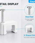 Durable Nail In Cable Clips Set of 100 for 8mm Cords and RJ45 Cat5 to Cat7 Ethernet Cables Flat Wall Mount Clips for Coax Speaker Wire and Cords Easy Install With Hardened Nails and Stable Plastic white clip with steel nail and U-shaped slot