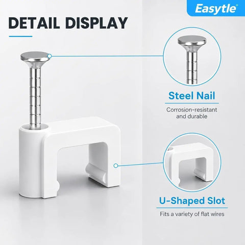 Durable Nail In Cable Clips Set of 100 for 8mm Cords and RJ45 Cat5 to Cat7 Ethernet Cables Flat Wall Mount Clips for Coax Speaker Wire and Cords Easy Install With Hardened Nails and Stable Plastic white clip with steel nail and U-shaped slot