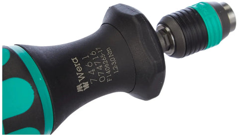 Close-up of Kraftform 7461 Hex Torque Screwdriver With Adjustable Pre-Set 1.2 To 3.0 Nm, 1 Quarter Inch Hex Head Drive, Rapidaptor Quick Release Chuck.
