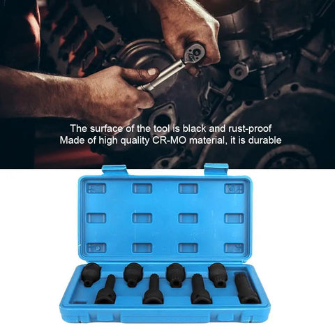 Image of Eight Piece Socket Wrench Set Covering M12 To M18 Sockets In CR MO Steel With Durable Rust Resistant Finish in blue box.