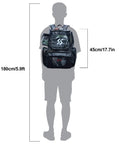 Camouflage Fishing Tackle Backpack With Four Trays, Waterproof Tackle Box Bag, Rain Cover, And Lanyard on silhouette with dimensions
