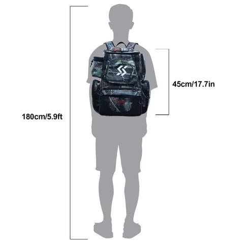Camouflage Fishing Tackle Backpack With Four Trays, Waterproof Tackle Box Bag, Rain Cover, And Lanyard on silhouette with dimensions