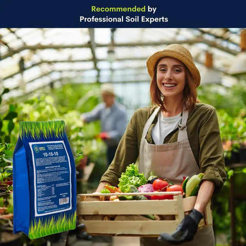 10 10 10 Lawn And Garden Granular Pro Grade Fertilizer With Micronutrients for Soil Health, shown with gardener in greenhouse