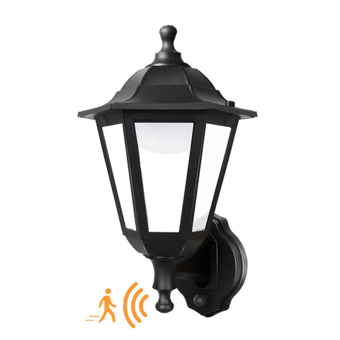 Motion Activated Outdoor Porch Light With Waterproof Exterior Sconce Featuring Motion Sensor No Fuss Easy Install Black Anti Rust Plastic LED Lamp For Front Door Garage Patio And House Exterior, black LED lantern with sensor symbol