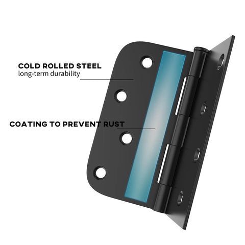 Pro Grade Matte Black Interior And Exterior Door Hinges in cold rolled steel, showcasing rust prevention and durability features.