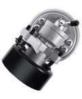 TAUTOY vacuum pump angled side view; silver metal body with black cap and mounting bolts