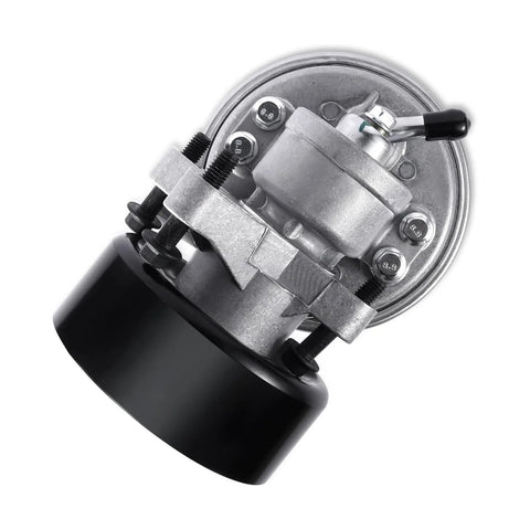 TAUTOY vacuum pump angled side view; silver metal body with black cap and mounting bolts