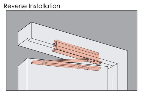 Diagram of reverse installation for Concealed Door Closer Up To 220 Lbs For Heavy Doors Built Tough Non Handed With Dual Speed Control