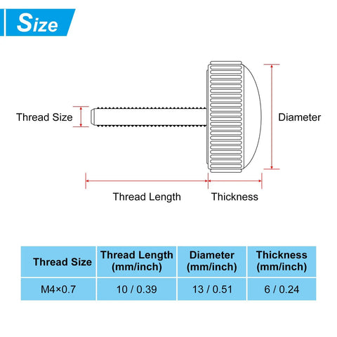 Killer M4x10mm Knurled Thumb Screws 20 Pack Black Steel hand grip bolt size diagram with measurements displayed.