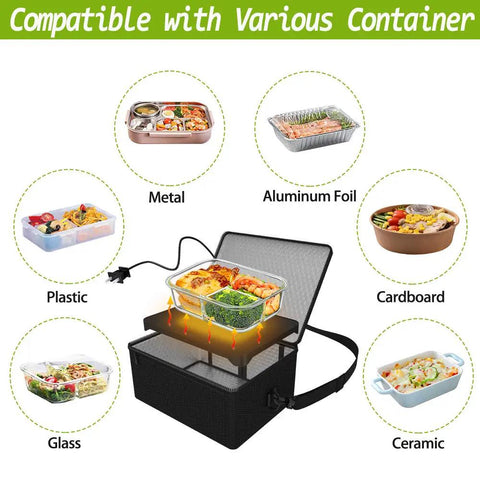 Portable Oven For Reheating On The Go Mini Electric Lunch Warmer Box with various compatible containers shown