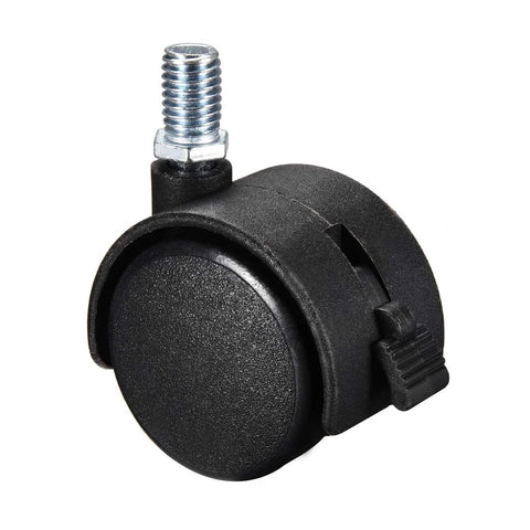 Single black Twin Wheel Nylon Swivel Furniture Caster Set With 1.5 Inch Wheels And M10 X 15mm Threaded Stem Brakes, side view