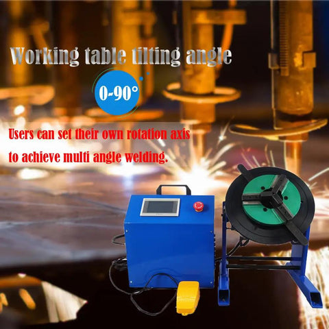 Heavy Duty Rotary Welding Positioner Turntable With Stepless Speed Control And Manual Tilt Design Featuring 320Mm Workbench For Rock Solid Stability And Top Shelf Fabrication Runs 110V 50Kg Capacity with working table tilting angle.