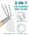 Close-up of All In One Double Sided Garden Rake And Cultivator Tool with wood handle, showing stainless steel tines and blade.