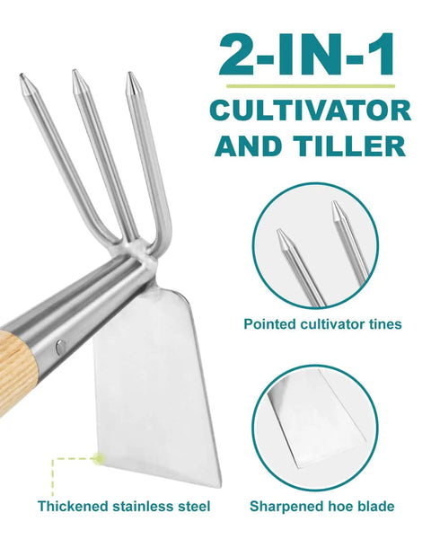 Close-up of All In One Double Sided Garden Rake And Cultivator Tool with wood handle, showing stainless steel tines and blade.