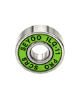 Close-up view of 8Pcs 608-2RS Skateboard Bearings With Green Covers Ultimate ILQ-11 Standard with a shiny metal finish.