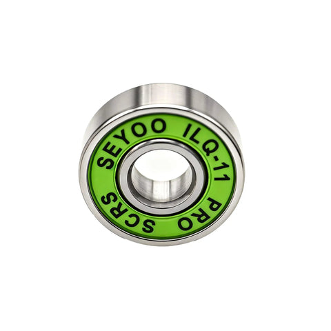 Close-up view of 8Pcs 608-2RS Skateboard Bearings With Green Covers Ultimate ILQ-11 Standard with a shiny metal finish.