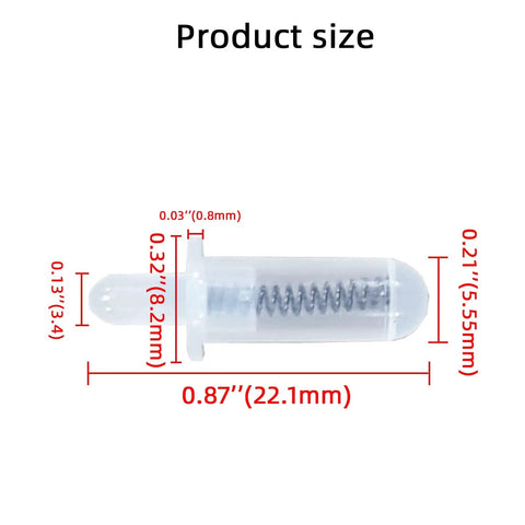 Built To Perfection Plantation Shutter Repair Kit With Heavy Duty Nylon Pins And Rust Proof Steel Springs dimensions showing nylon pin and coil spring sizes.