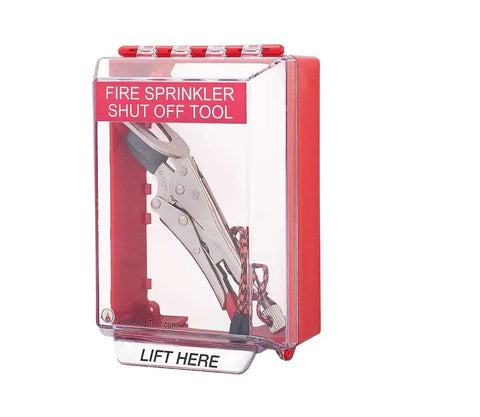 7 In 1 Fire Sprinkler Shutoff Tool Kit With Wall Cabinet Case displayed in a clear red container for easy access and safety.
