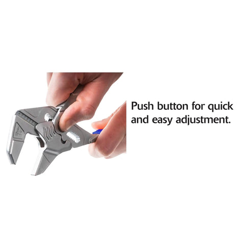 10 Inch Pliers Wrench With Smooth Jaws And 2 Inch Maximum Opening being adjusted with push-button for quick use