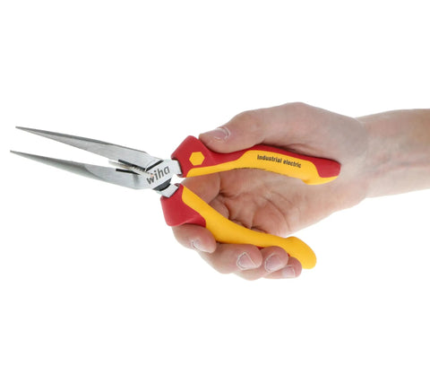 Hand holding insulated long nose pliers, part of Insulated Industrial Pliers And Cutters Set, 3 Piece, 8 Inch Each for hardwired projects