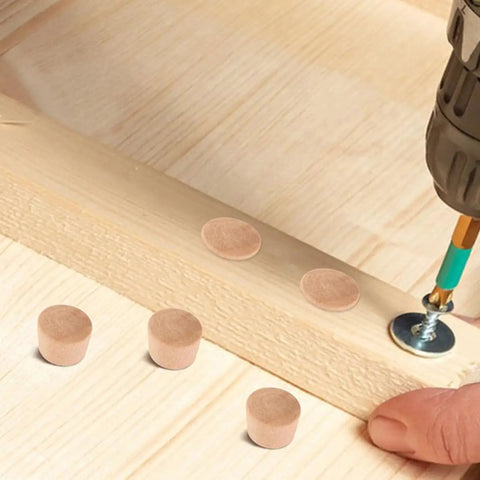Drill and Khaki Wood Cabinet Hole Plugs 50 Pack Reusable Design Easy Replacement for DIY Projects on wooden surface