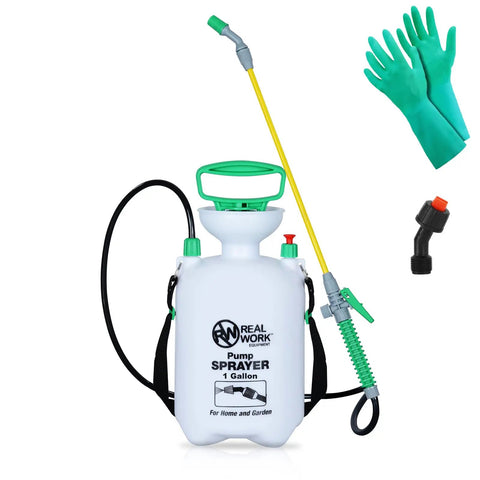 1-Gallon Handheld Sprayer With Easy-Carry Shoulder Strap And Easy Fill Funnel, Translucent White Tank, gloves and nozzle attachments