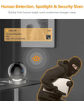 Indoor Security Camera 1080P HD WiFi 2.4G Only With 360 Degree View showing human detection alert and security siren activation.