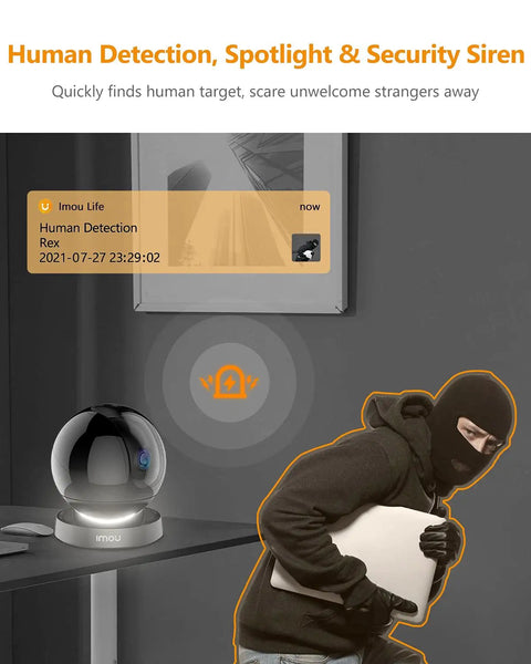 Indoor Security Camera 1080P HD WiFi 2.4G Only With 360 Degree View showing human detection alert and security siren activation.