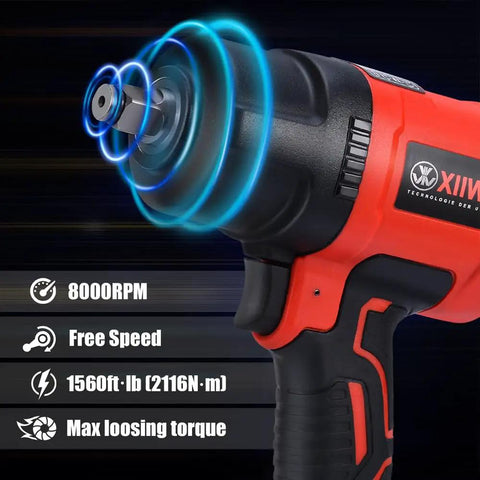 Close-up of Professional 1/2 Inch Air Impact Wrench Packs Tough As Nails 1560 Ft Lbs Of Raw Power Into A Lightweight Rubber Grip Design.