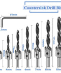 Front view of Mesee 7-piece HSS countersink drill bit set with 3–10 mm sizes.