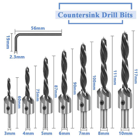 Front view of Mesee 7-piece HSS countersink drill bit set with 3–10 mm sizes.