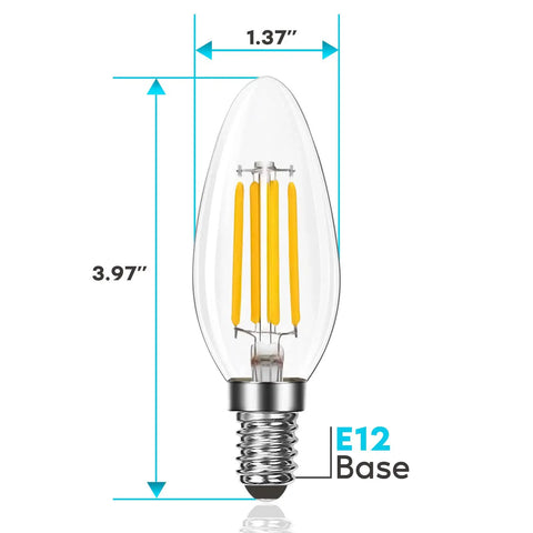 100W Equivalent LED Candelabra Bulbs With 800 Lumens Soft White 3000K, 7W Dimmable B11 Torpedo Glass Chandelier Lights, bulb dimensions
