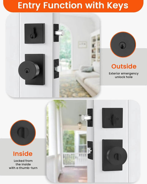 Matte Black Exterior Door Lock Set With Deadbolt, Built To Last, Front Door Knob With Lock And Key, Reversible Entry Hardware shown