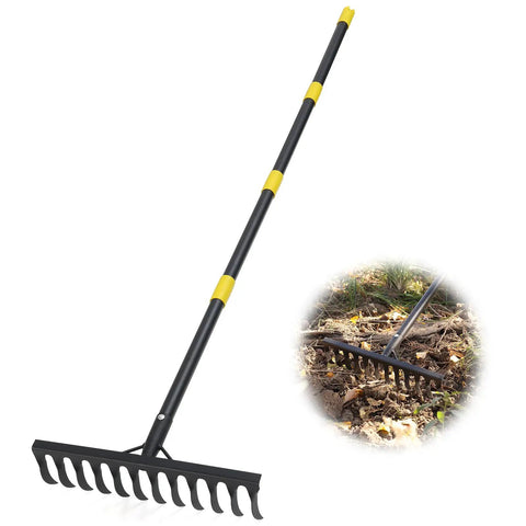 Heavy Duty Garden Rake With Long 74 Inch Handle And 12 Metal Tines For Loosening And Leveling Soil Yard Work Lawn Care Leaf Raking