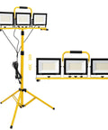 Heavy Duty Led Work Light With Beefy Telescoping Tripod, 30000 Lumens, Three Pivotable Heads, Waterproof Housing, And Badass 16 Ft Power Cable For Projects on a yellow tripod stand.