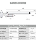 Diagram showing dimensions and specifications of Beefy 12V Heavy Duty Linear Actuator 330 LBS 1500N 12 Inch Stroke Silent IP65 with brackets.