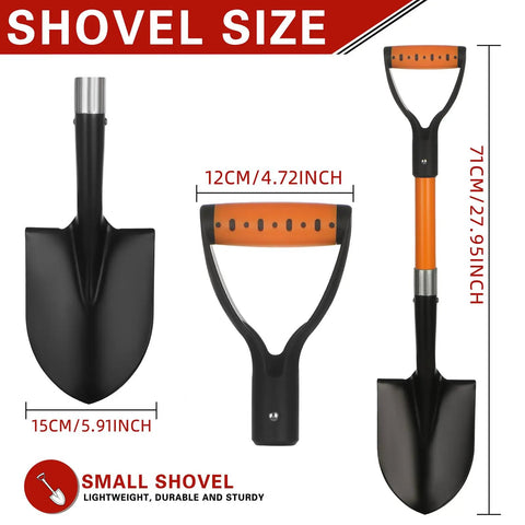 28 Inch Mini Garden Shovel With Fiberglass Handle And D Grip, Lightweight Alloy Steel Head For Kids, size specifications displayed