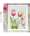 Clear Stamp And Die Set For Card Making And Scrapbooking featuring tulip design, DIY Embossing And Photo Album Craft Kit, displayed on card.