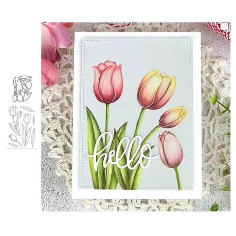Clear Stamp And Die Set For Card Making And Scrapbooking featuring tulip design, DIY Embossing And Photo Album Craft Kit, displayed on card.