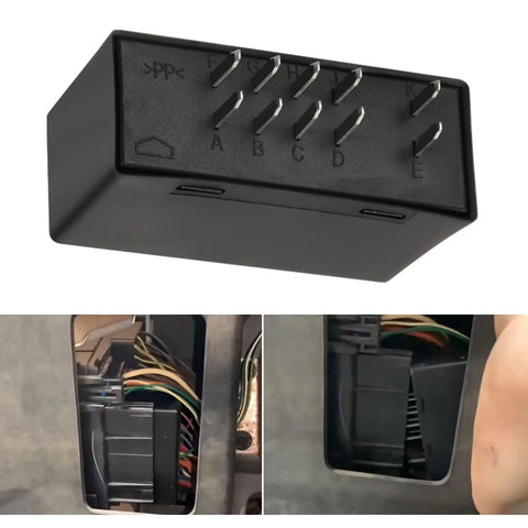 Hyper Flash LED Flasher Relay Fix For Chevy Silverado Avalanche GMC Sierra Yukon Turn Signals Plug And Play Blinker Module For 2003 2004 2005 2006 Trucks showing front view with 10-pin connectors and installed view inside vehicle.