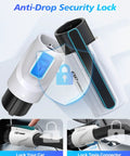 Tesla To J1772 Charging Adapter With 80 Amp Max Supporting 250 Volts For Lightning Fast Electric Vehicle Charging Compatible With Tesla Destination Chargers And Mobile Connectors No Sweat Setup White showing anti-drop security lock with connectors.