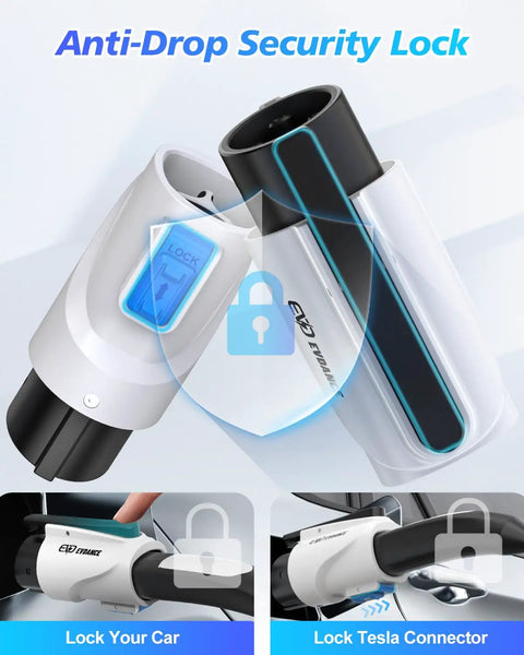 Tesla To J1772 Charging Adapter With 80 Amp Max Supporting 250 Volts For Lightning Fast Electric Vehicle Charging Compatible With Tesla Destination Chargers And Mobile Connectors No Sweat Setup White showing anti-drop security lock with connectors.