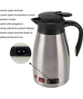 Heavy Duty 12V Car Electric Kettle With 1300ml Stainless Steel Body showing power switch and copper electrode design for durability.