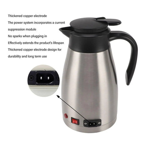 Heavy Duty 12V Car Electric Kettle With 1300ml Stainless Steel Body showing power switch and copper electrode design for durability.