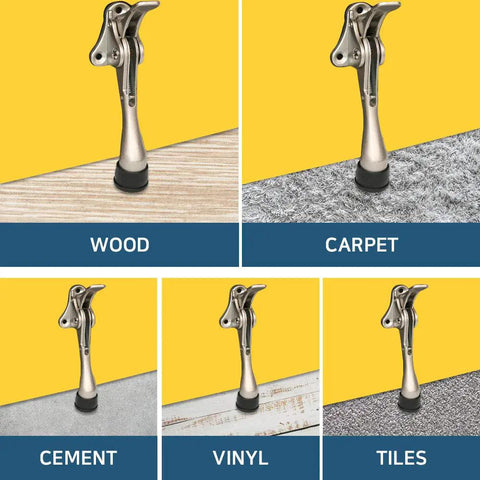 Heavy Duty Kickdown Door Stopper Set Of Four Built Tough Bottom Door Holders With Adjustable Rubber Pads on wood, carpet, cement, vinyl, and tiles.
