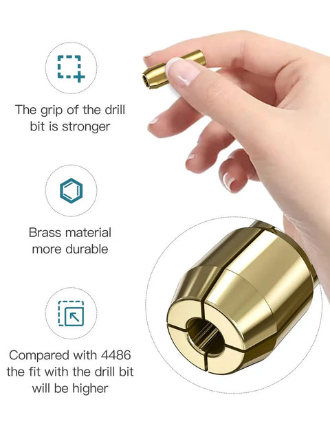 Hand holding brass collet from Keyless Drill Chuck Collet Set For Rotary Tools 14 Piece 1 Thirty Second To One Eighth Inch Shank