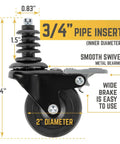 Swivel Caster Wheels For Three Quarter Inch Pipe Four Pack With Locking Mechanism, detailed dimensions and features display