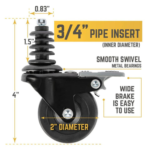 Swivel Caster Wheels For Three Quarter Inch Pipe Four Pack With Locking Mechanism, detailed dimensions and features display